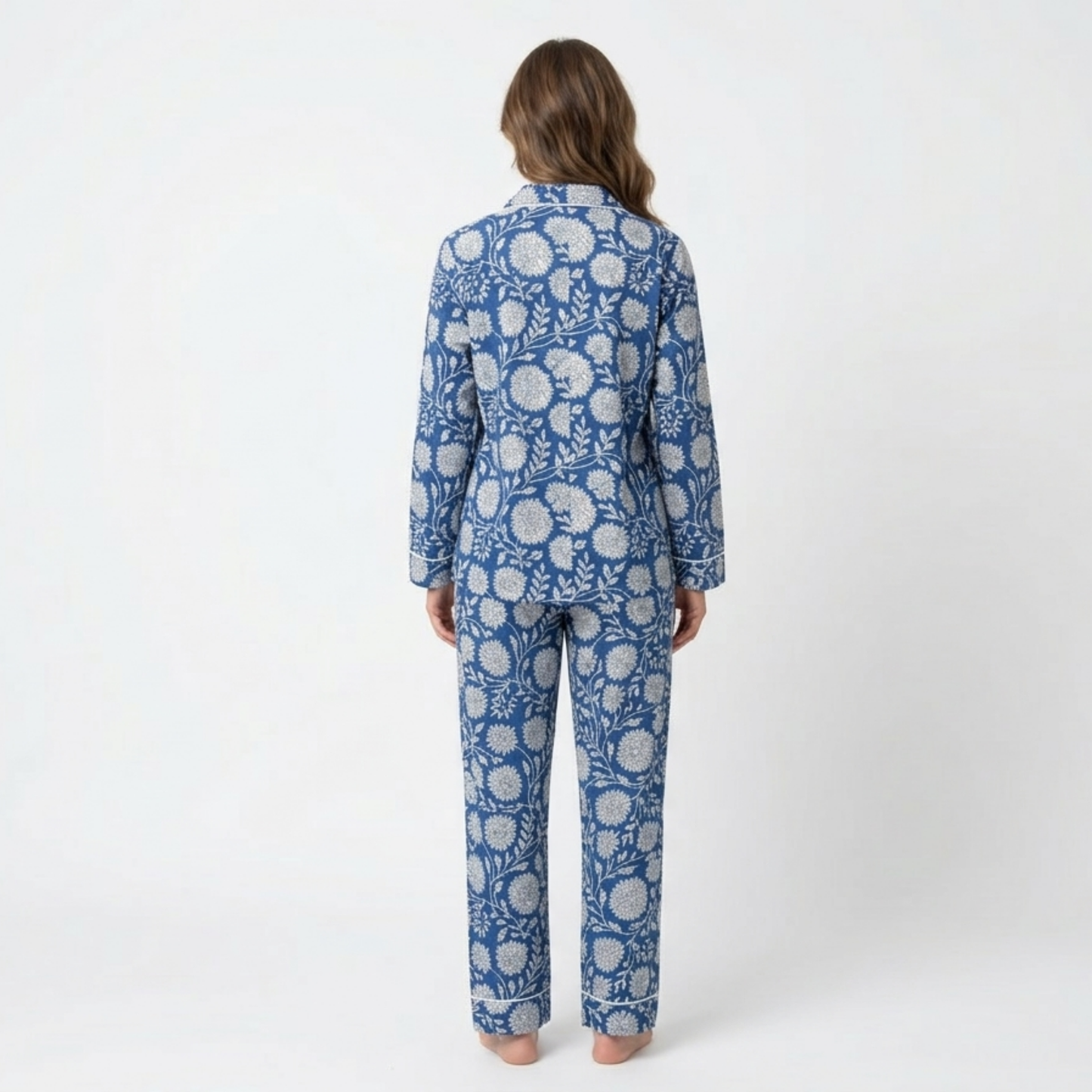 Women’s Bloom in Blue Print Cotton Night Suit Set – Elegant Two Piece Pajama Set