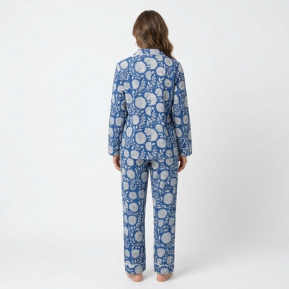 Women’s Bloom in Blue Print Cotton Night Suit Set – Elegant Two Piece Pajama Set