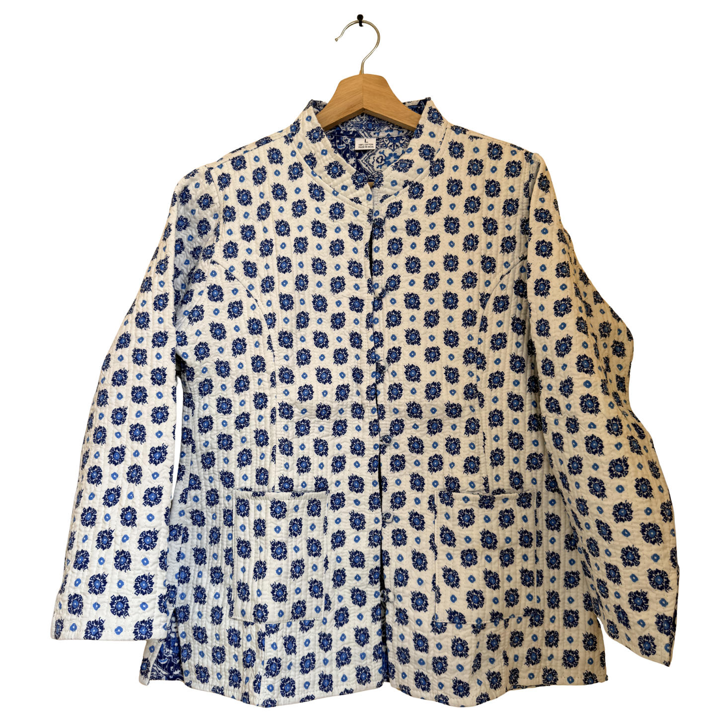 Sky Blue Petals – Long Cotton Quilted Reversible Jacket