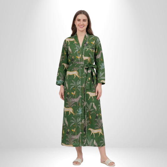 Green safari print women's cotton kimono. Olive green 
jungle animal and botanical motif lightweight cotton lounge robe.