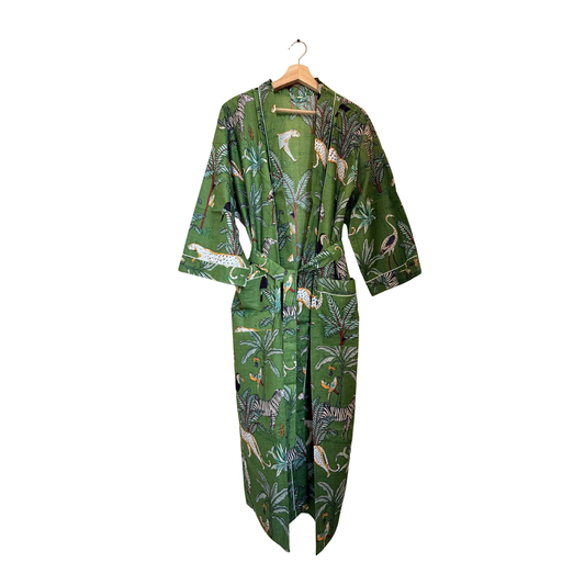 Green safari print women's cotton kimono. Olive green 
jungle animal and botanical motif lightweight cotton lounge robe.