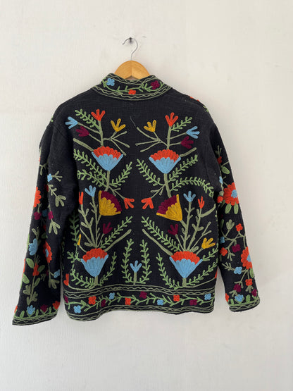 Women's Black Floral Suzani Reversible Velvet Jacket – Artistic Embroidered Statement Jacket