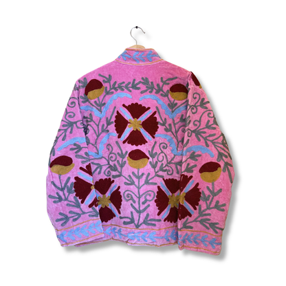 Women's Pink Bloom Suzani Reversible Velvet Jacket – Artistic Embroidered Statement Jacket