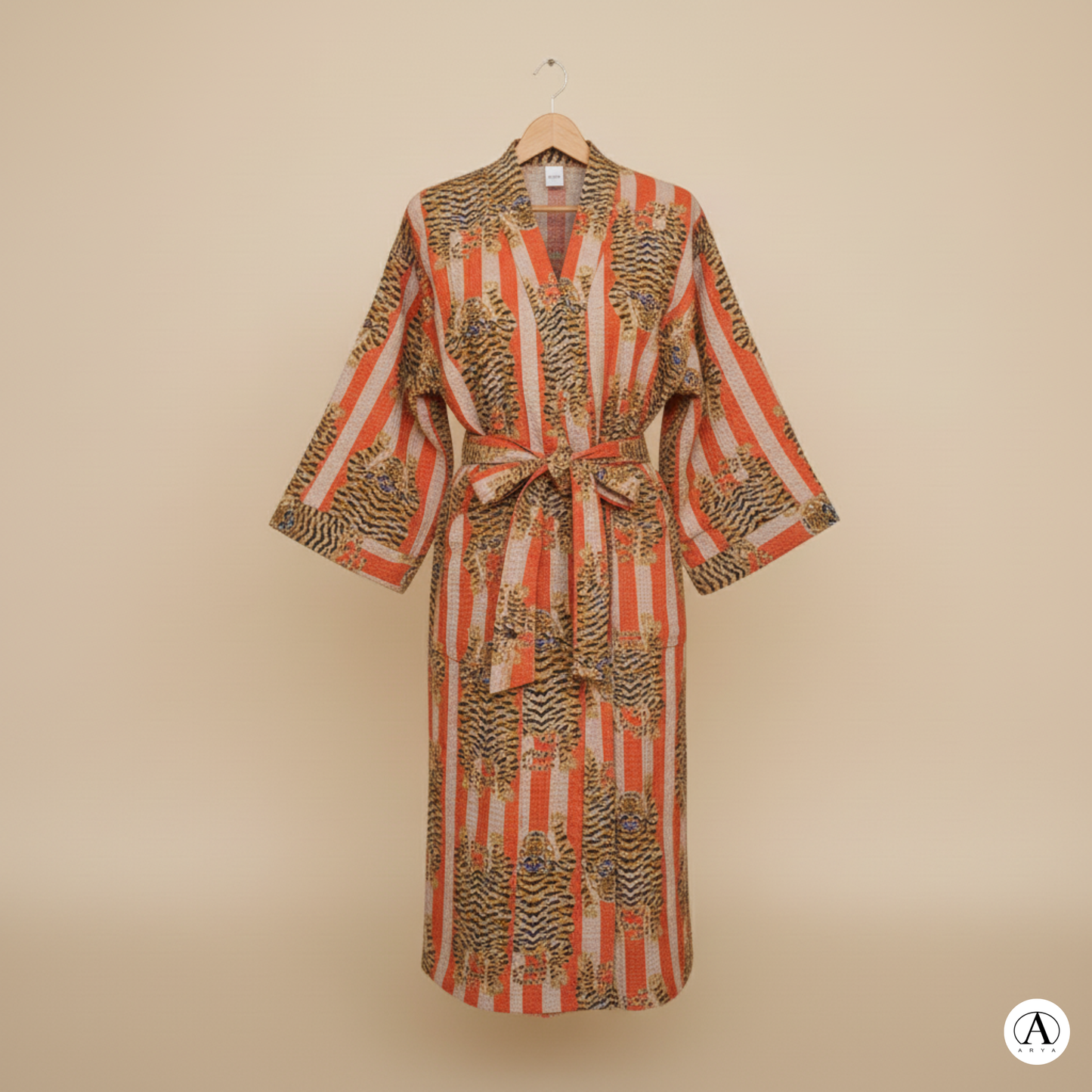 Bold Orange & Off-White Stripe Tiger Waffle Bathrobe – Luxury Spa Robe
