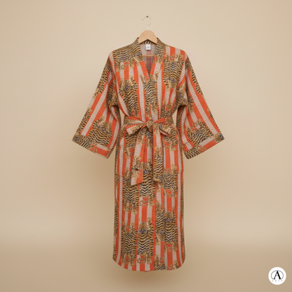 Bold Orange & Off-White Stripe Tiger Waffle Bathrobe – Luxury Spa Robe