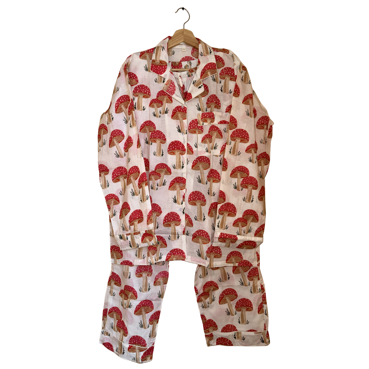Women's Red Mushroom Print Cotton Night Suit Set – Cute Two Piece Pajama Set