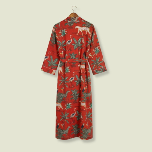 Red safari print women's cotton kimono. Eclectic jungle animal 
and safari motif lightweight cotton robe in vibrant red.