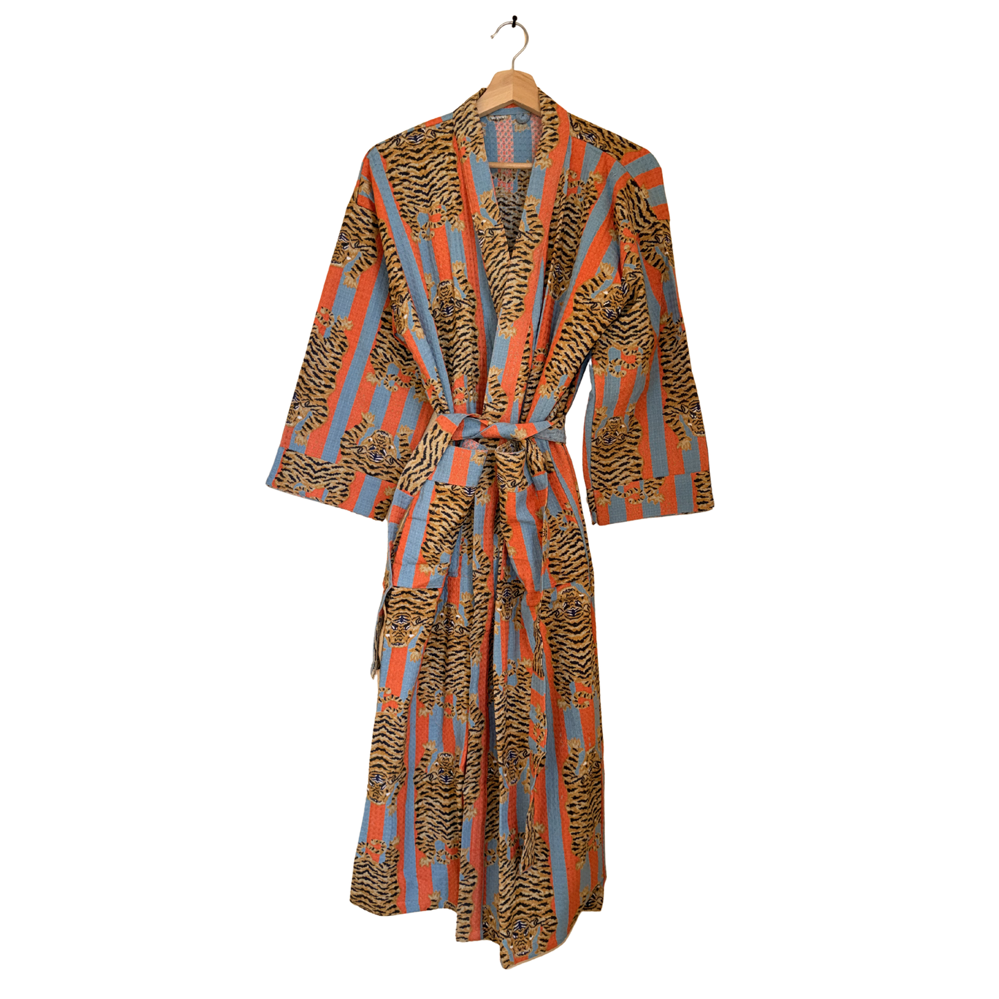 Bold Orange & Blue Stripe Tiger Waffle Bathrobe – Luxury Spa Robe