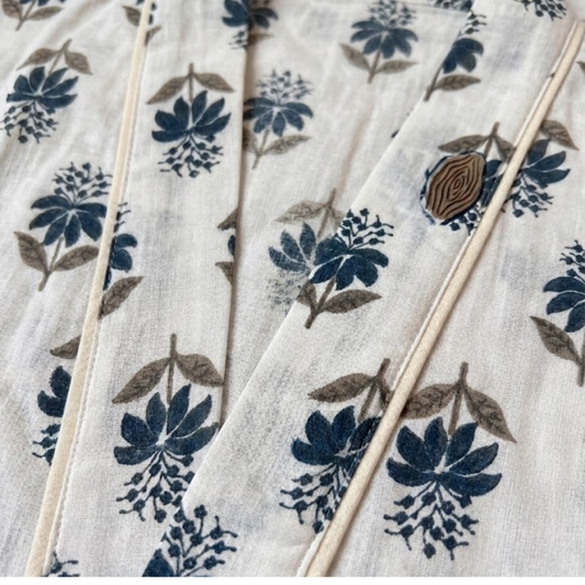 Blue whisper blooms women's cotton kimono. Delicate
 pastel blue floral print lightweight cotton lounge robe.