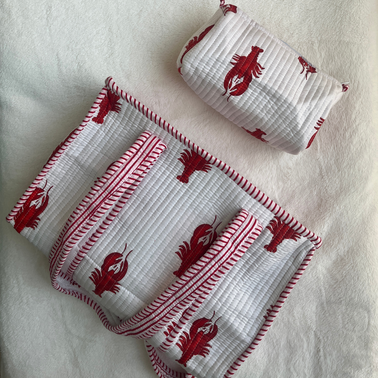 Lobster Love – White Quilted Tote & Pouch Set