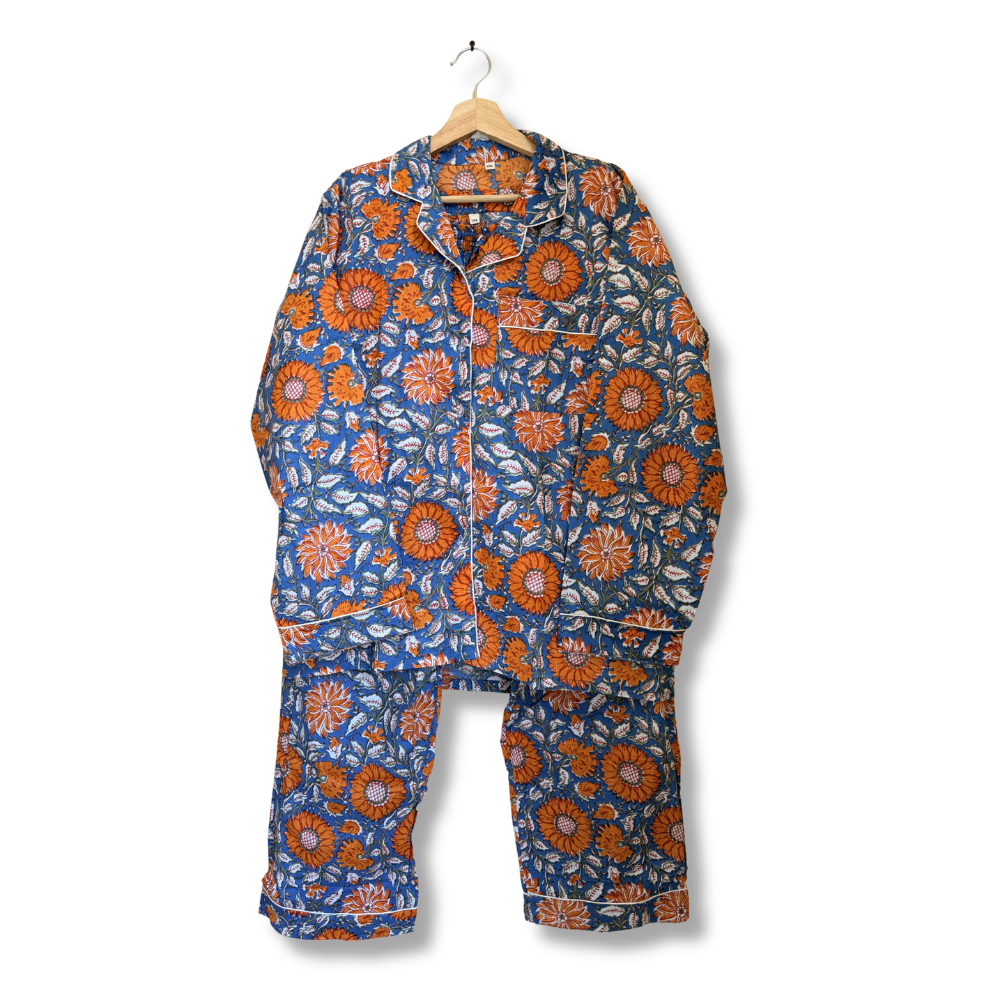 Women's Blue Orange Floral Print Cotton Night Suit Set – Elegant Two Piece Pajama Set