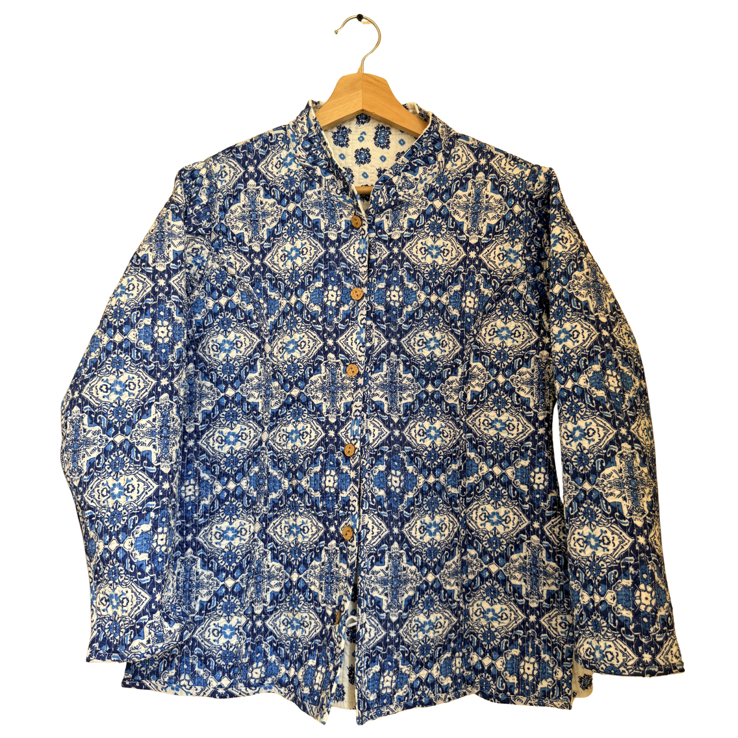 Sky Blue Petals – Long Cotton Quilted Reversible Jacket