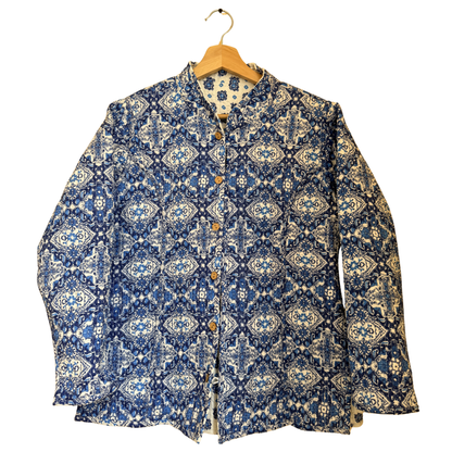 Sky Blue Petals – Long Cotton Quilted Reversible Jacket