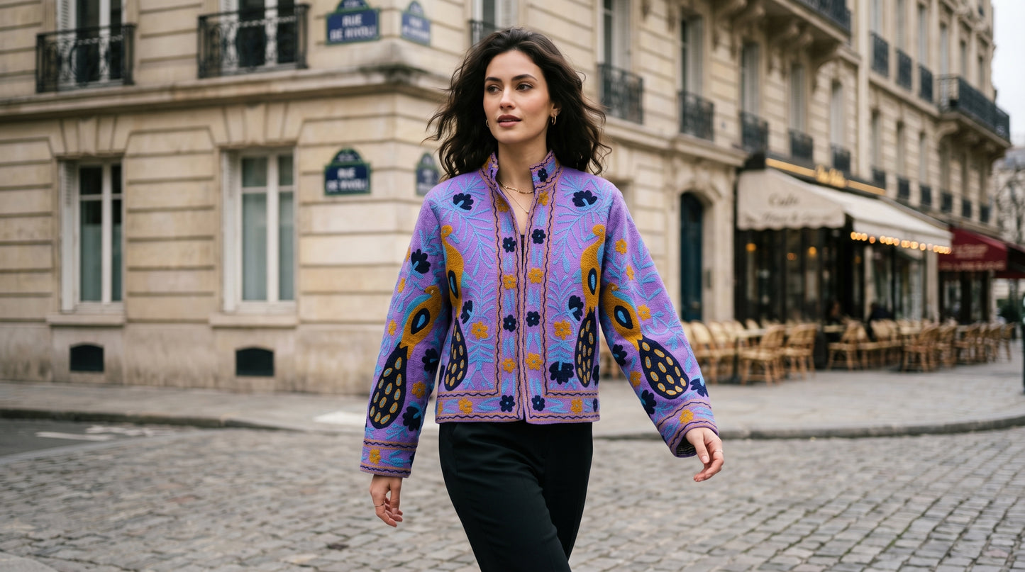 Women's Blue Suzani Reversible Jacket – Artistic Embroidered Statement Jacket