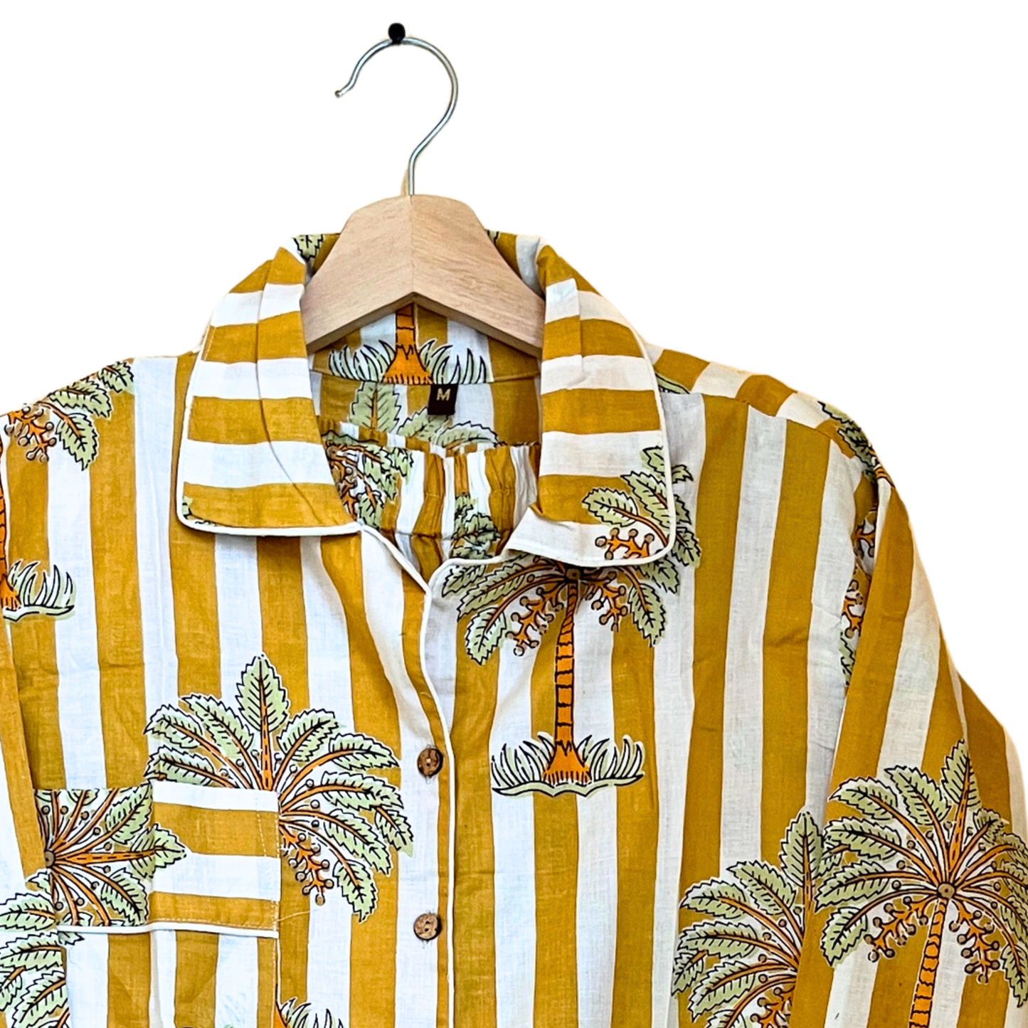 Women’s Yellow White Striped Palm Print Cotton Night Suit Set – Elegant Two Piece Pajama Set