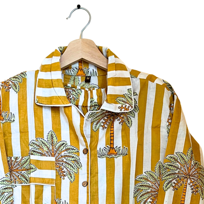 Women’s Yellow White Striped Palm Print Cotton Night Suit Set – Elegant Two Piece Pajama Set