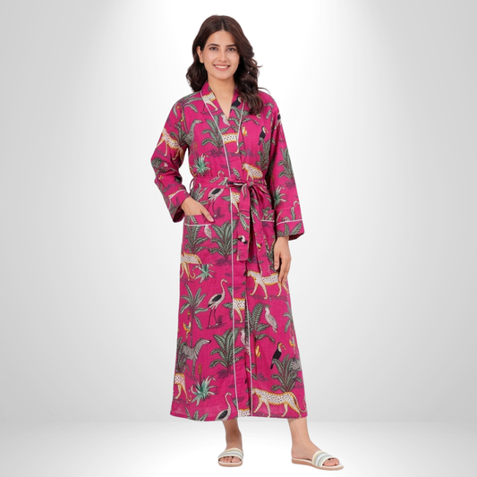 Pink safari print women's cotton kimono robe. Playful jungle 
animal and tropical safari print lightweight pink housecoat.