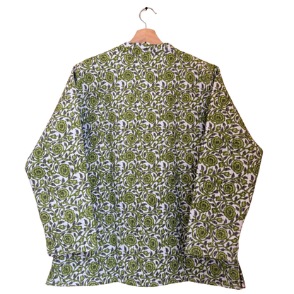 Lush Green Bloom – Long Cotton Quilted Reversible Jacket