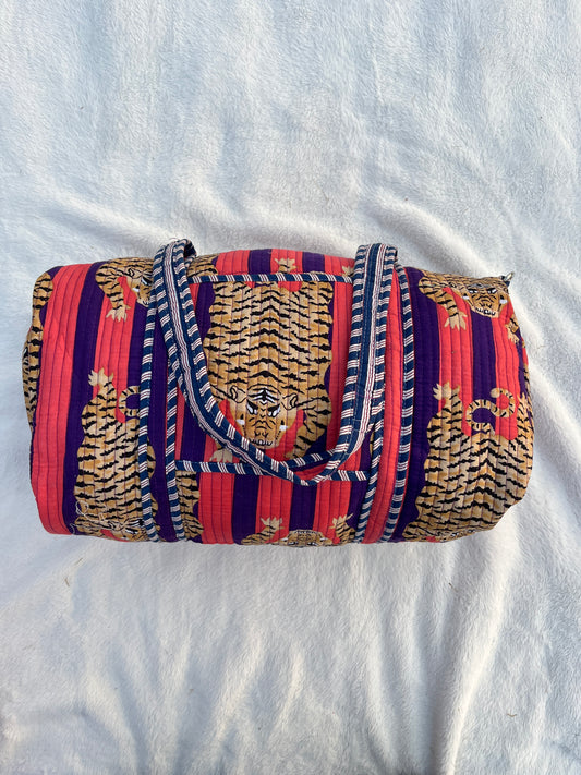 Pink purple Tiger Print Quilted Cotton Duffle Bag – Lightweight Travel Weekender