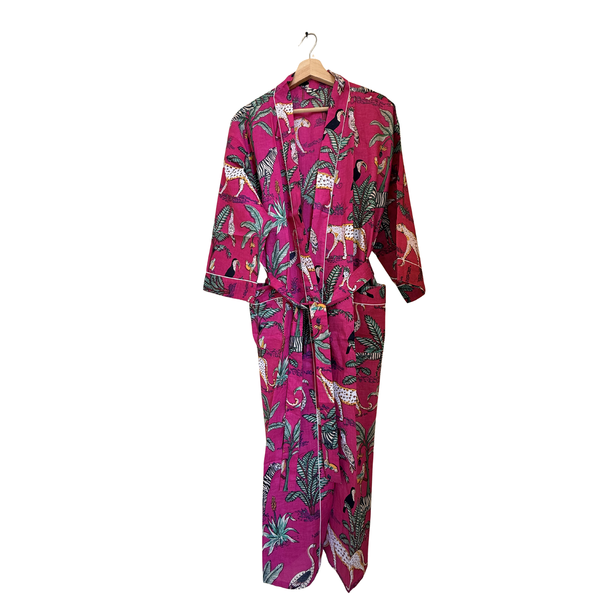 Pink safari print women's cotton kimono robe. Playful jungle 
animal and tropical safari print lightweight pink housecoat.