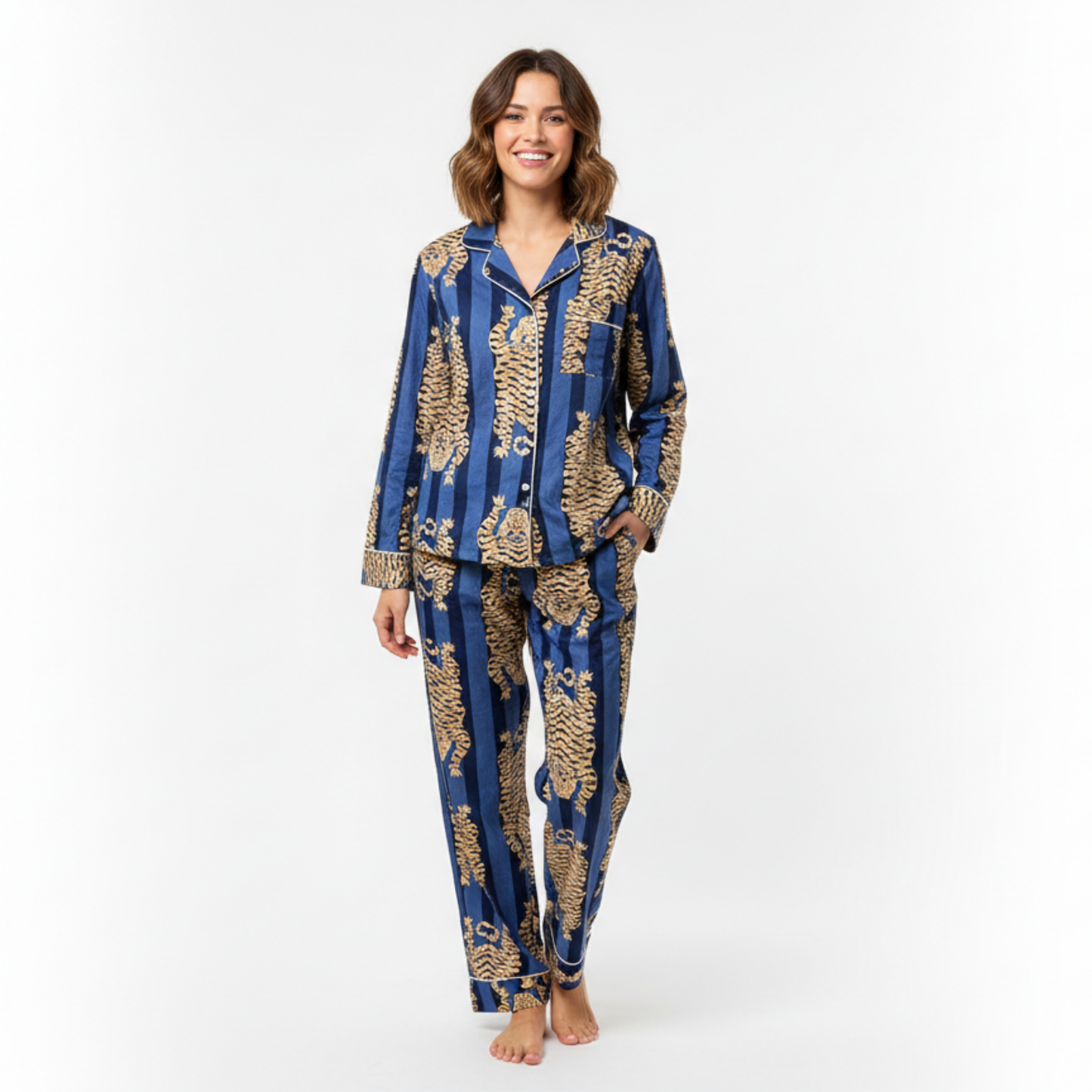 Women’s Blue Tibetan TigerPrint Cotton Night Suit Set – Elegant Two Piece Pajama Set