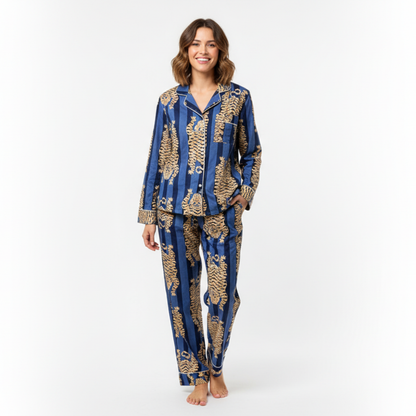 Women’s Blue Tibetan TigerPrint Cotton Night Suit Set – Elegant Two Piece Pajama Set