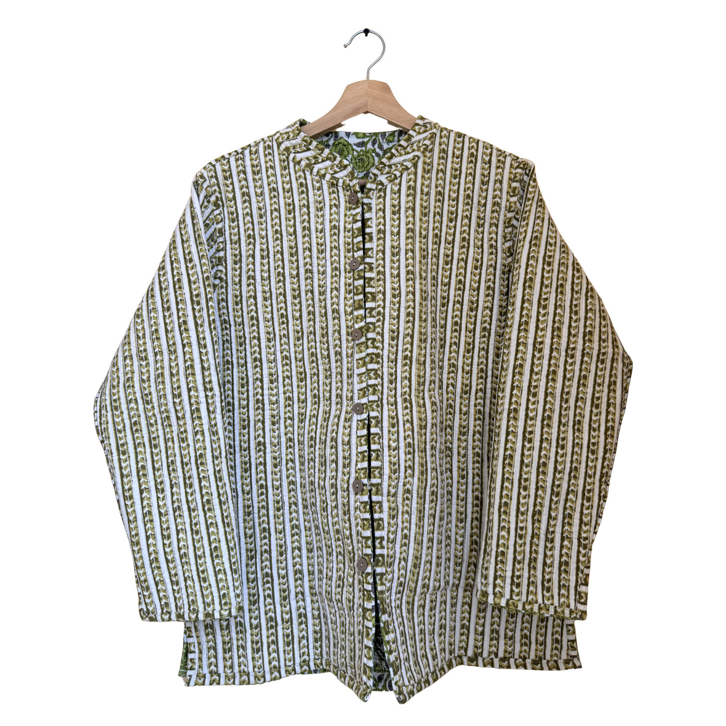 Lush Green Bloom – Long Cotton Quilted Reversible Jacket