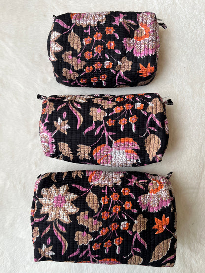 Black Floral Printed Tote & Utility Pouch Set