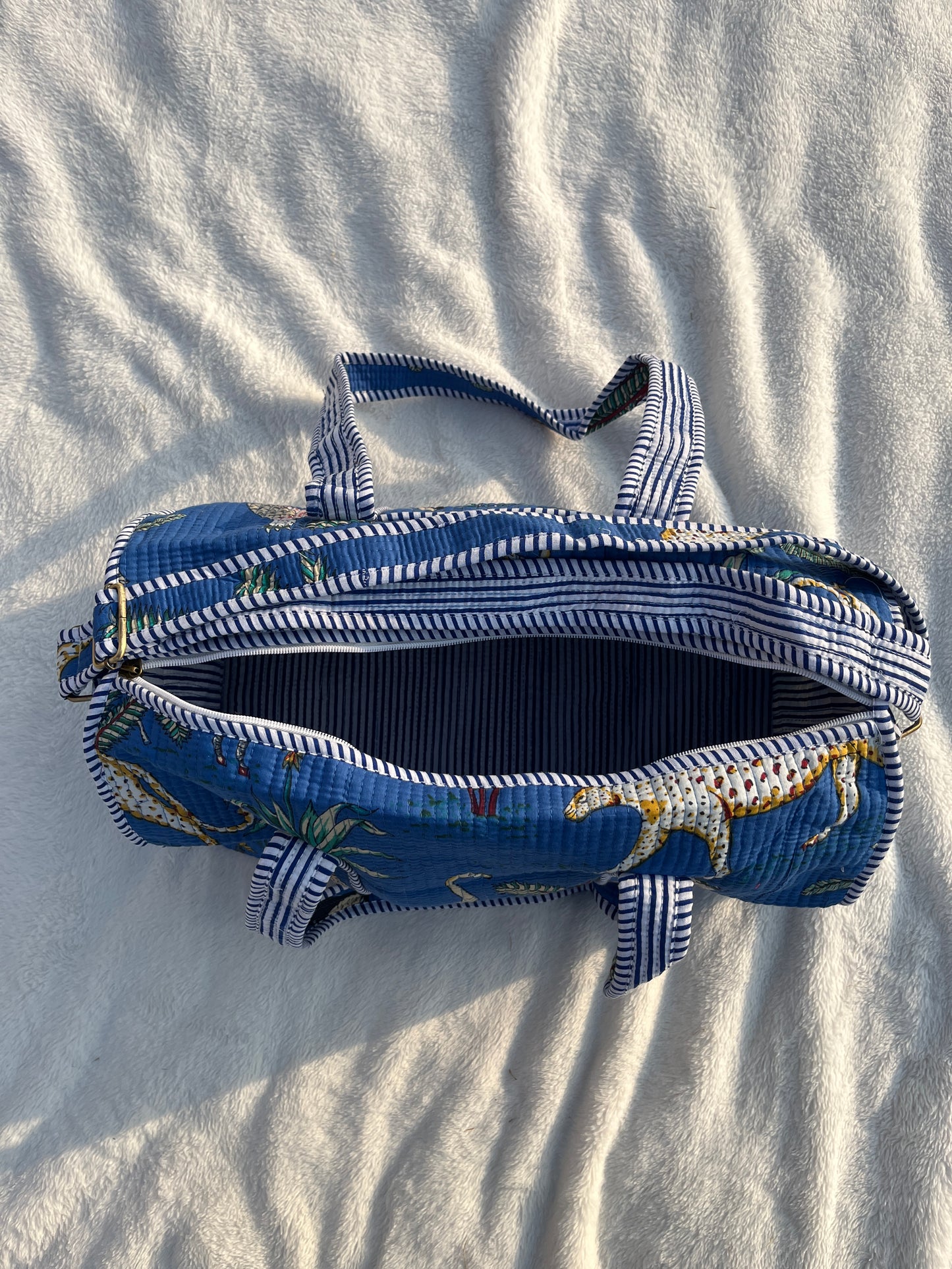 Blue Safari Print Quilted Cotton Duffle Bag – Lightweight Travel Weekender