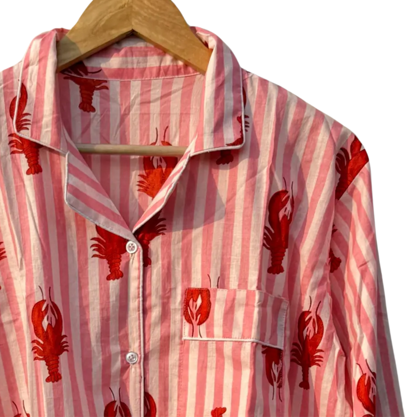 Women’s Orange White Striped Lobster Print Cotton Night Suit Set– Cute Two Piece Pajama Set