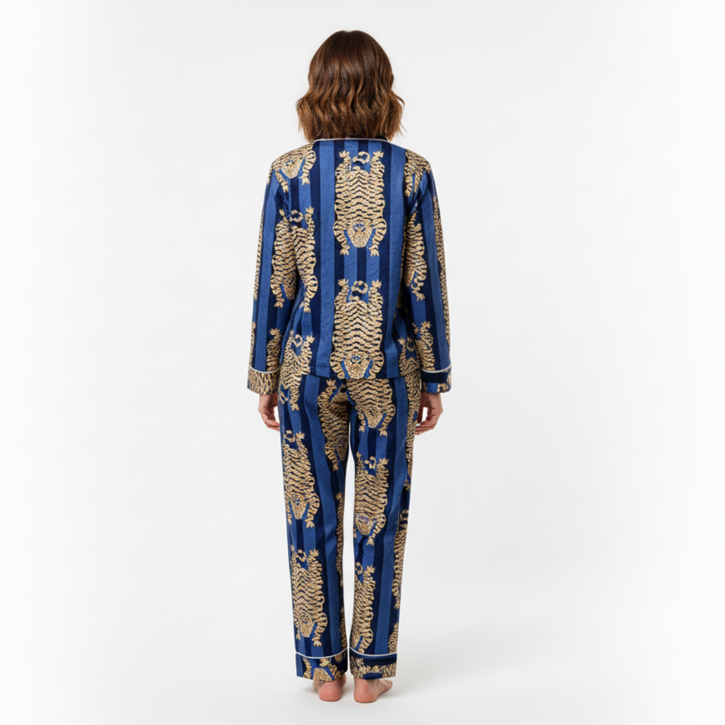 Women’s Blue Tibetan TigerPrint Cotton Night Suit Set – Elegant Two Piece Pajama Set