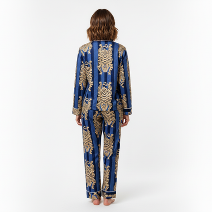 Women’s Blue Tibetan TigerPrint Cotton Night Suit Set – Elegant Two Piece Pajama Set