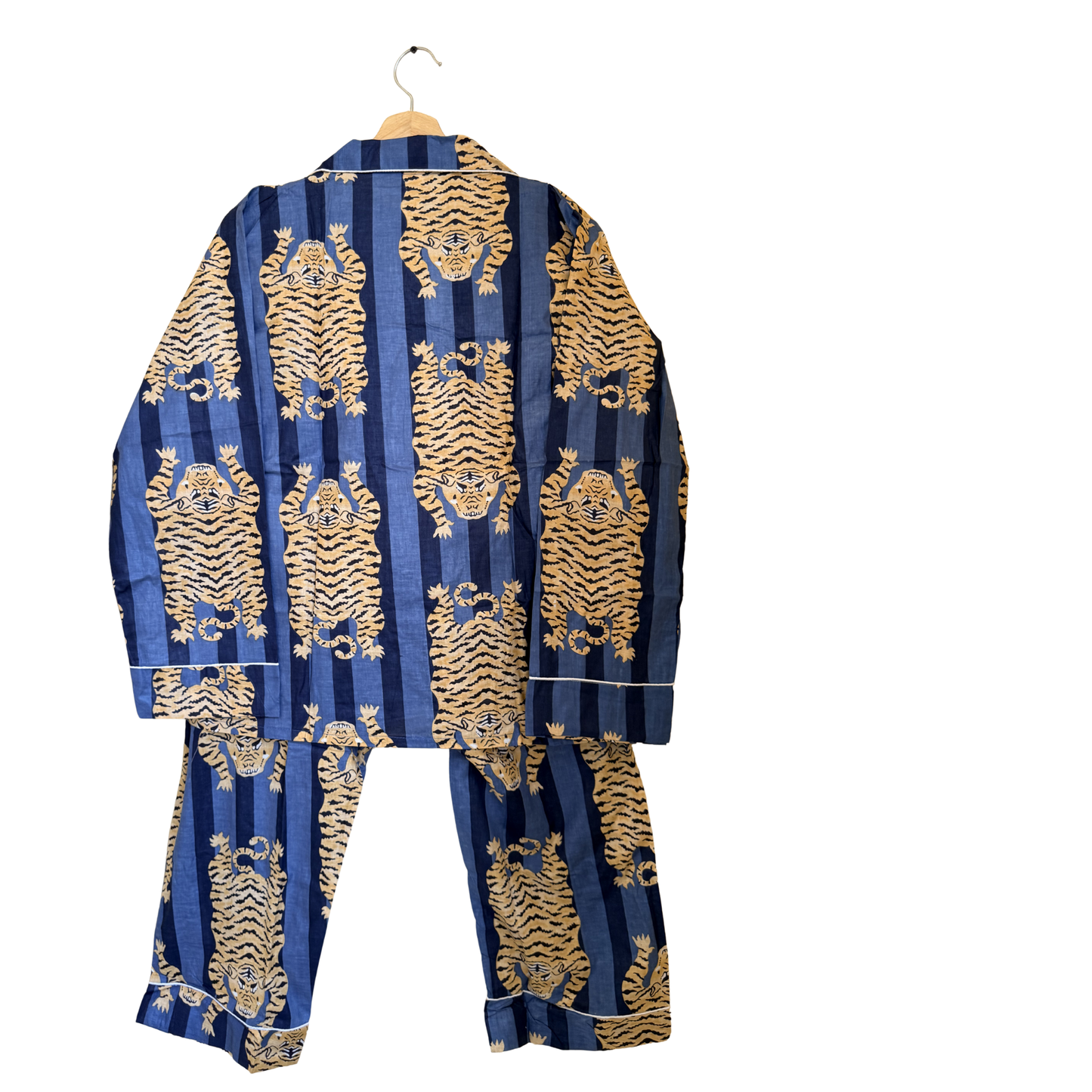 Women’s Blue Tibetan TigerPrint Cotton Night Suit Set – Elegant Two Piece Pajama Set