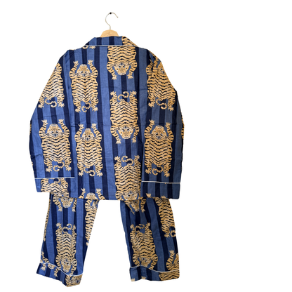 Women’s Blue Tibetan TigerPrint Cotton Night Suit Set – Elegant Two Piece Pajama Set