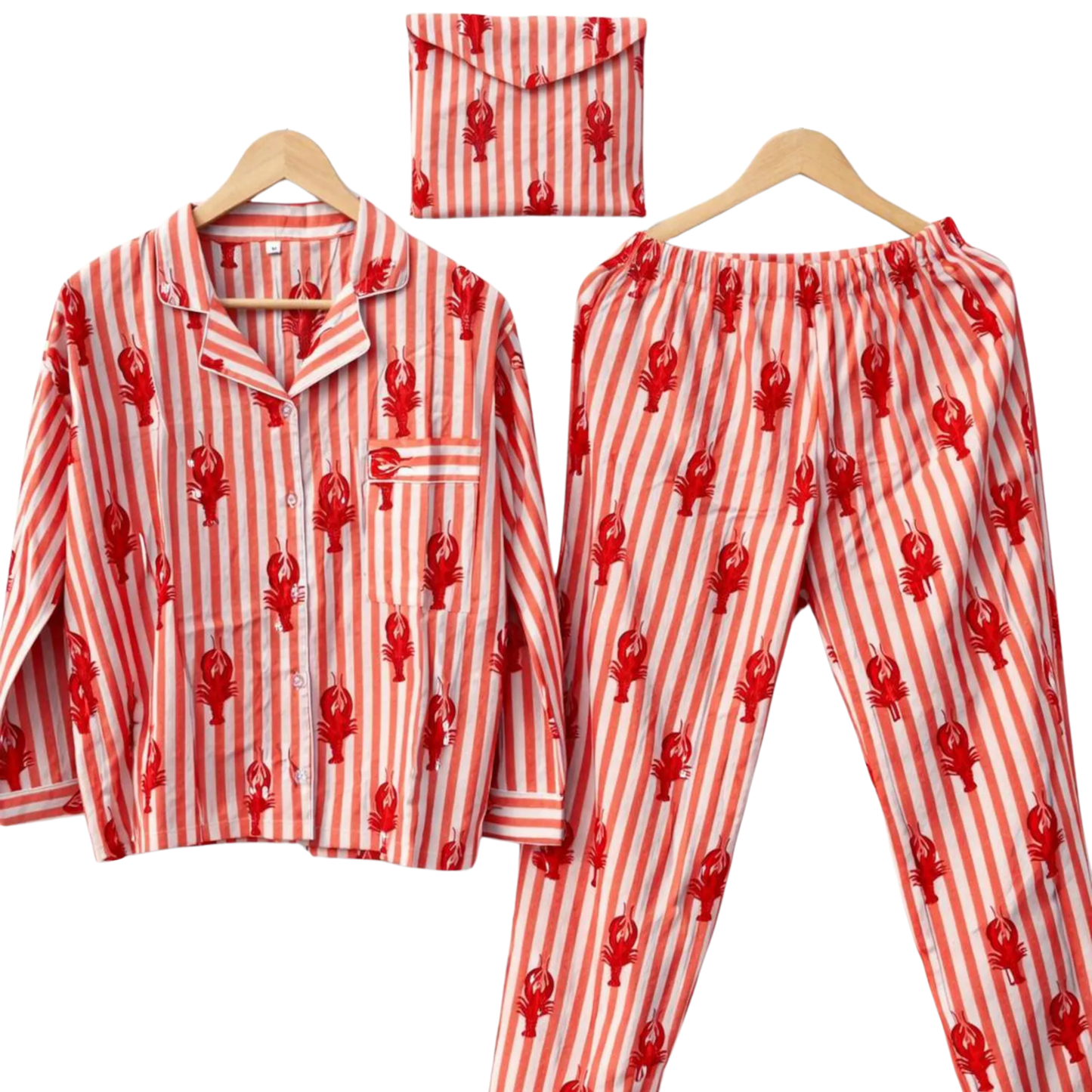 Women’s Orange White Striped Lobster Print Cotton Night Suit Set– Cute Two Piece Pajama Set