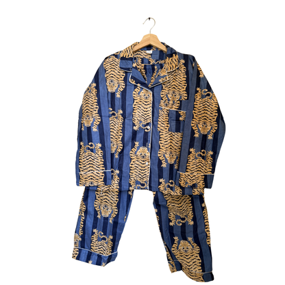 Women’s Blue Tibetan TigerPrint Cotton Night Suit Set – Elegant Two Piece Pajama Set