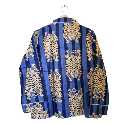 Women’s Blue Tibetan TigerPrint Cotton Night Suit Set – Elegant Two Piece Pajama Set