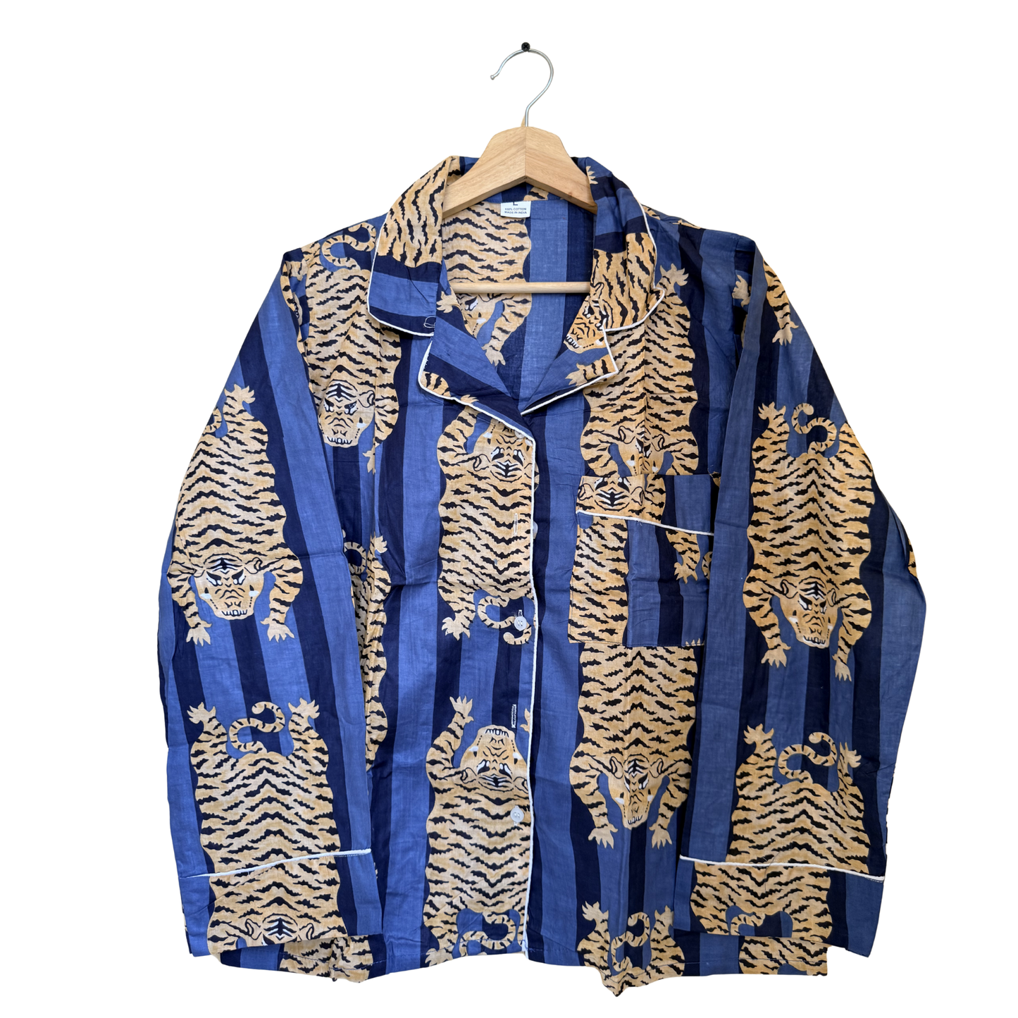 Women’s Blue Tibetan TigerPrint Cotton Night Suit Set – Elegant Two Piece Pajama Set