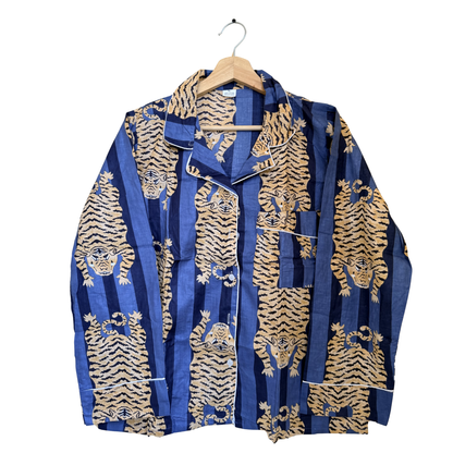 Women’s Blue Tibetan TigerPrint Cotton Night Suit Set – Elegant Two Piece Pajama Set