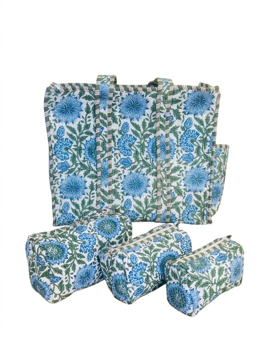 Blue Floral-1 – Tote & 3 Pouch Set