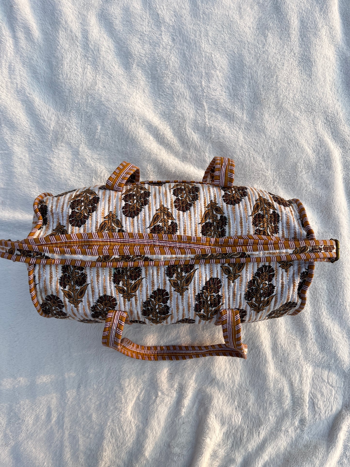 Brown-Orange Floral Print Quilted Cotton Duffle Bag – Lightweight Travel Weekender