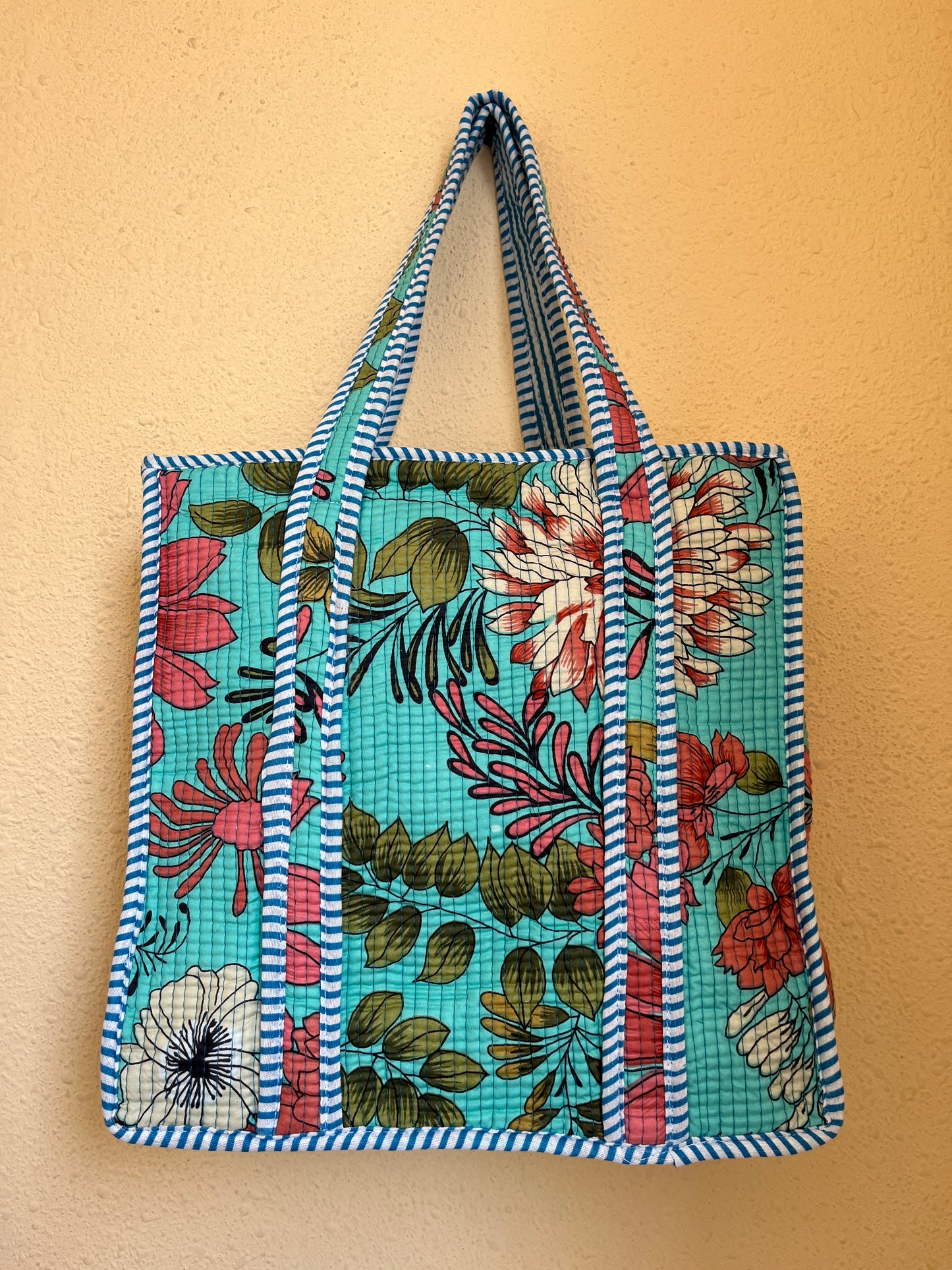 Mint Blue Floral-2 Quilted Mini Tote Bag 14X14