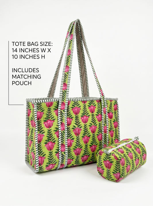 Green pink Lotus floral Quilted Tote & Pouch Set
