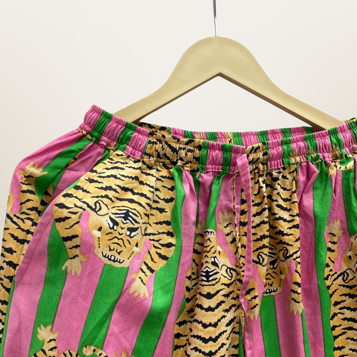 Women's Green Pink Stripes Tibetan Print Cotton Night Suit Set – Cute Two Piece Pajama Set