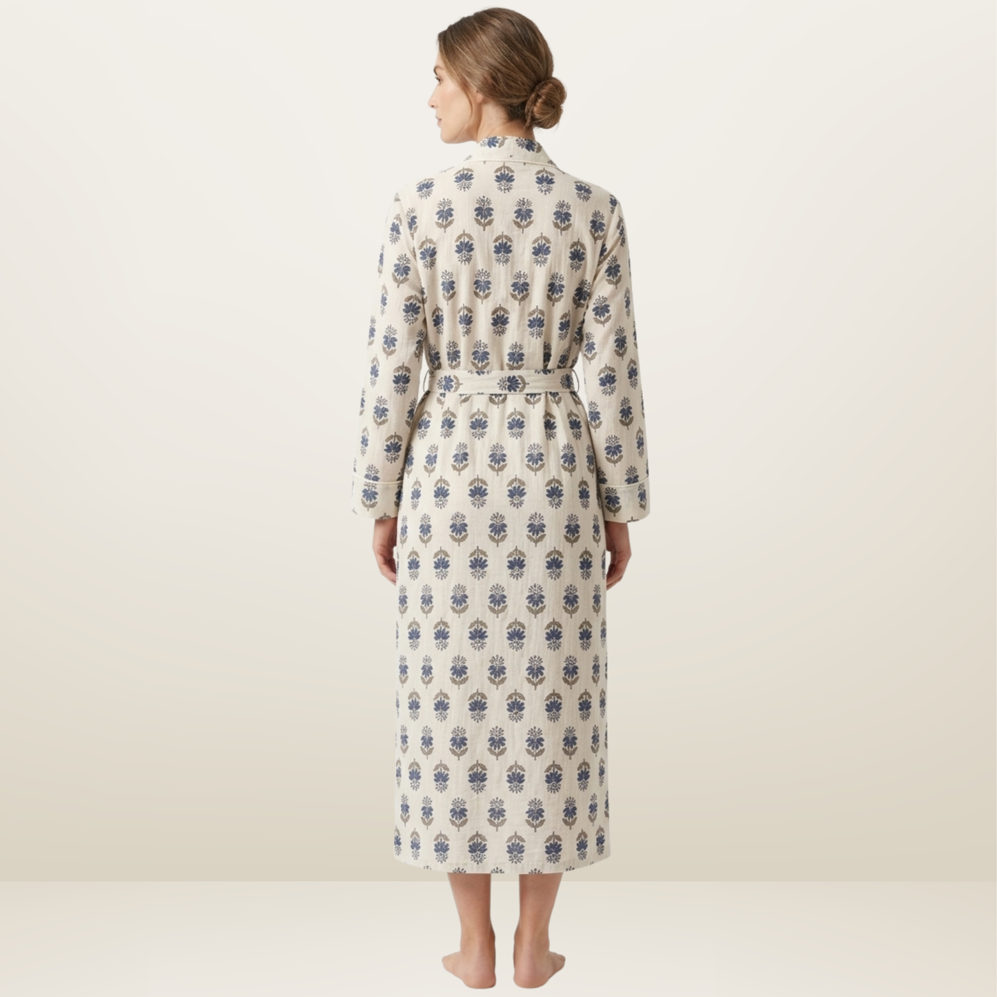Blue whisper blooms women's cotton kimono. Delicate
 pastel blue floral print lightweight cotton lounge robe.