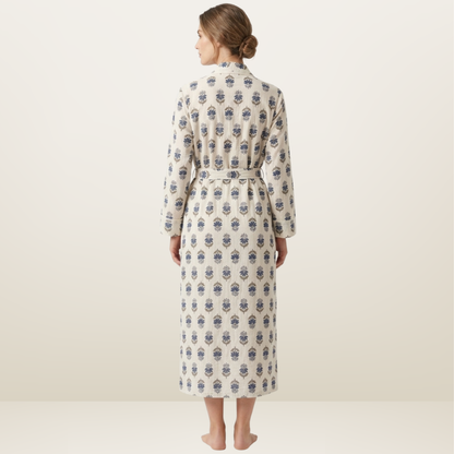 Blue whisper blooms women's cotton kimono. Delicate
 pastel blue floral print lightweight cotton lounge robe.