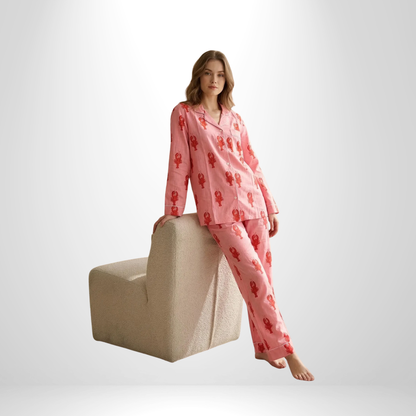 Women's Pink Lobster Love Cotton Night Suit Set – Elegant Two Piece Pajama Set