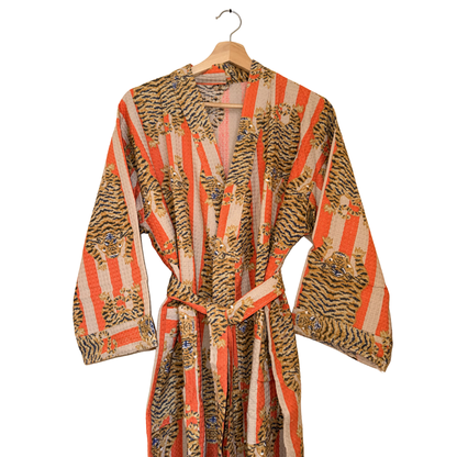 Bold Orange & Off-White Stripe Tiger Waffle Bathrobe – Luxury Spa Robe