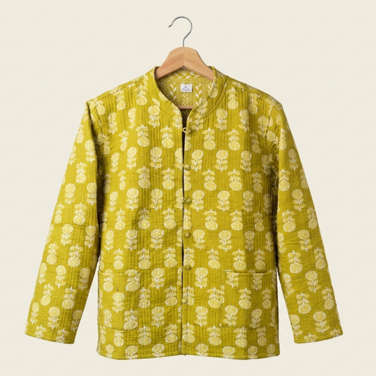 Mustard yellow – Long Cotton Quilted Reversible Jacket
