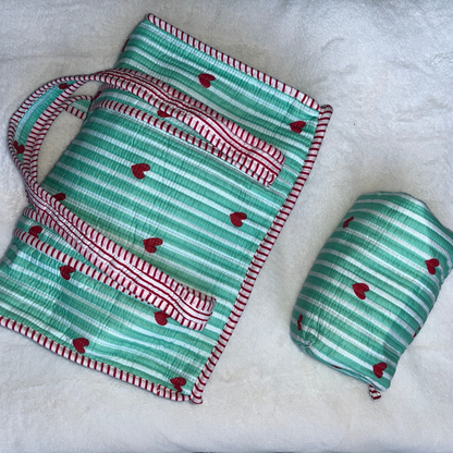 Heart Riot – Mint Green Quilted Tote & Pouch Set